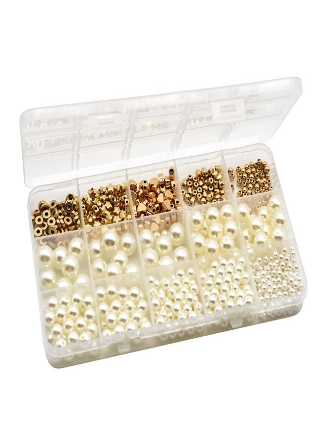 Skyzone Bead Making Kit - 720 PCS White Pearl & Gold Ball Heart Star Flat Spacer Beads for DIY Jewelry Crafts (10 Different Designs) - Image 1